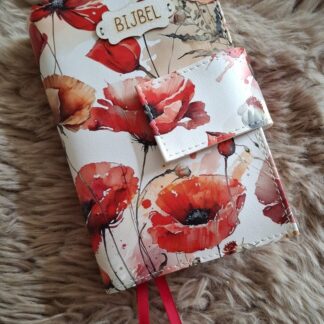 Bijbelhoes Kunstleer bloemen klaprozen geschilderd voor de JB Schoolbijbel