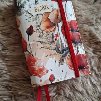 Bijbelhoes Kunstleer bloemen klaprozen geschilderd voor de JB Schoolbijbel