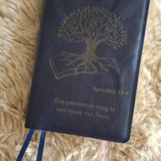 HSV Schoolbijbel: Bijbelhoes leer blauw vintage incl. gravure